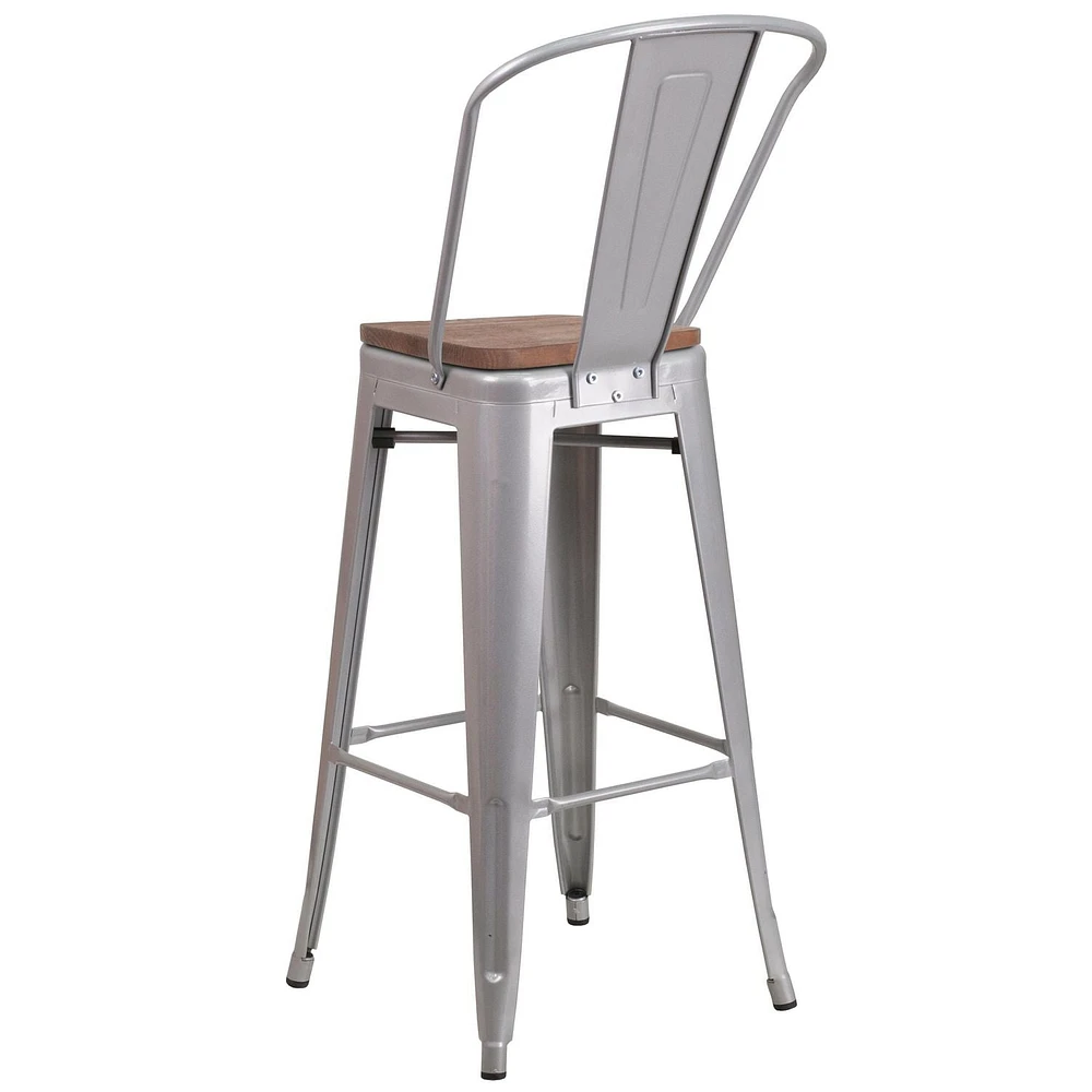 4 Pk. 30" High Silver Metal Barstool with Back and Wood Seat