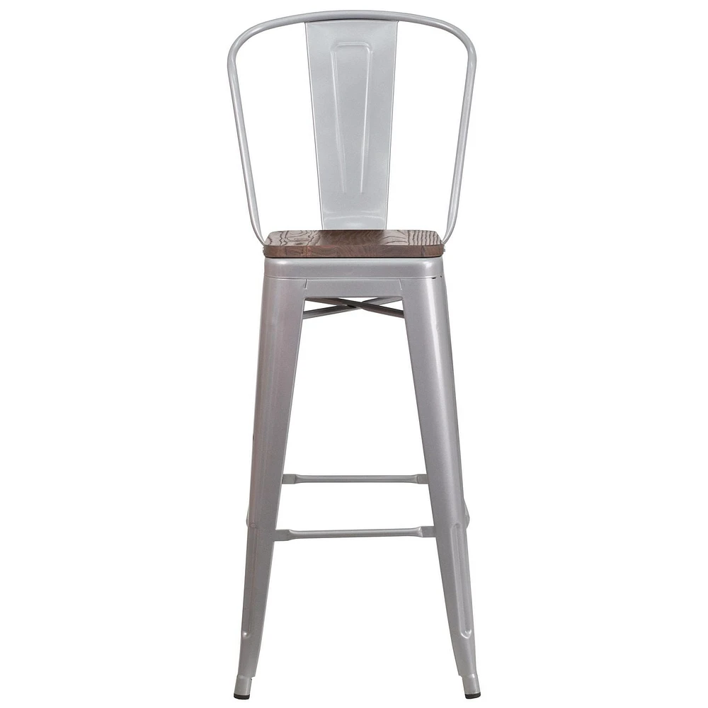 4 Pk. 30" High Silver Metal Barstool with Back and Wood Seat