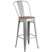 4 Pk. 30" High Silver Metal Barstool with Back and Wood Seat