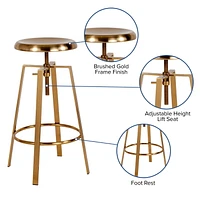 2 Pk. Toledo Industrial Style Barstool with Swivel Lift Adjustable Height Seat in Gold Finish