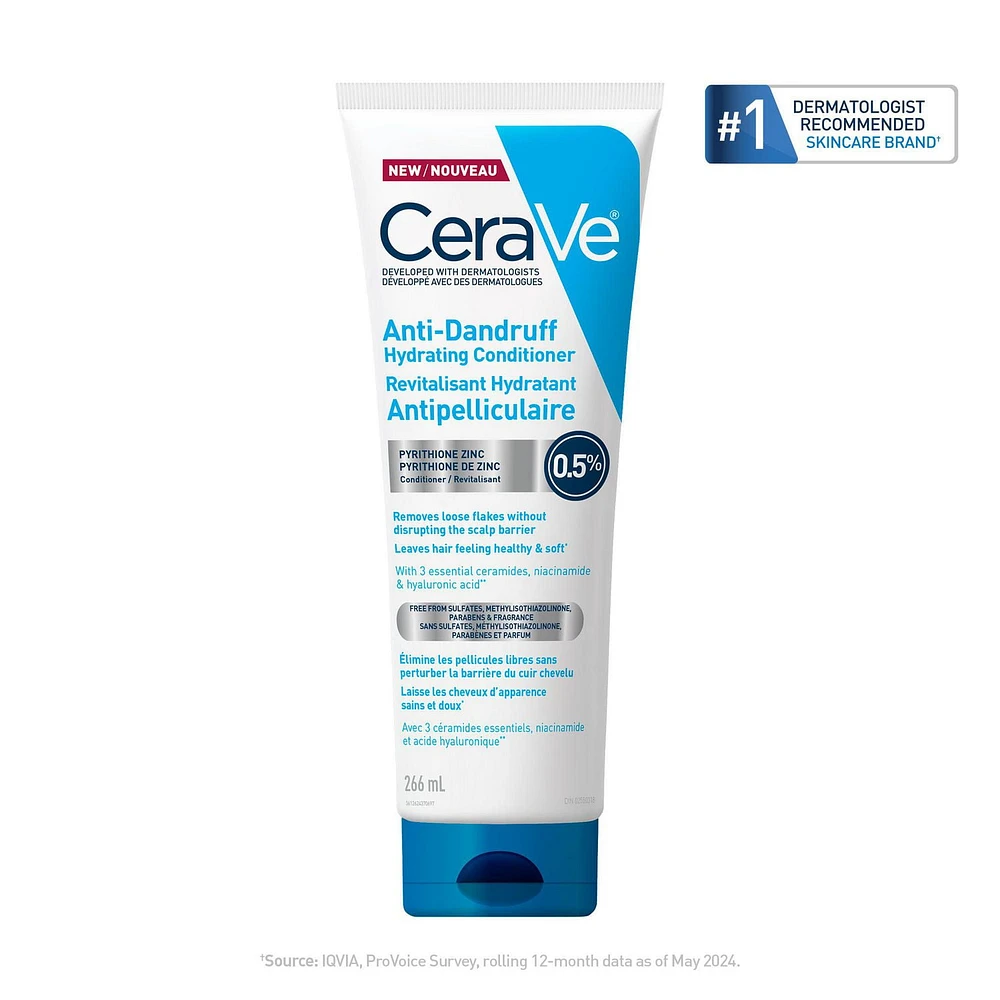 CeraVe Anti-Dandruff Hydrating Conditioner for Men & Women, Gently Cleanses Scalp & Hair While Reducing Flakes, Itchiness, and Irritation, 266mL