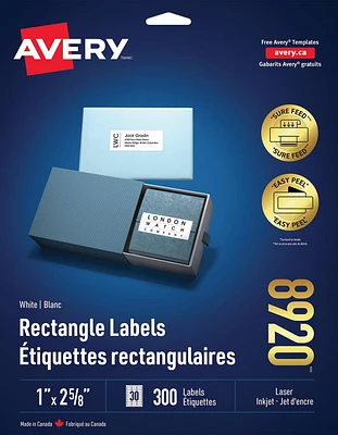 Avery Étiquettes rectangulaires blanches avec technologie Sure Feed, Technologie Easy Peel, 1 po x 2 ⅝ po, pour imprimantes laser et à jet d'encre - 8920