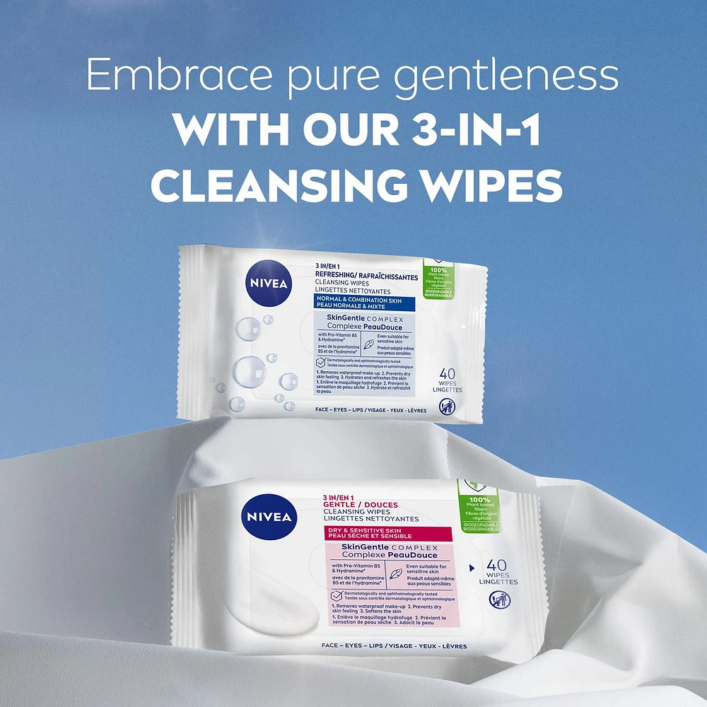 NIVEA 3-in-1 Biodegradable Face Cleansing & Make-up Removing Wipes for Normal Skin, 40 Wipes