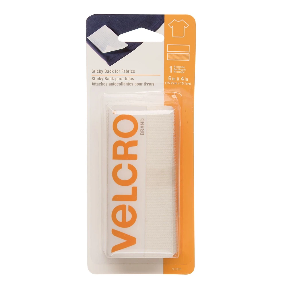 VELCRO® Brand Sticky Back™ for Fabrics White Tape, 6" x 4" (15.2 cm x 10.1 cm)