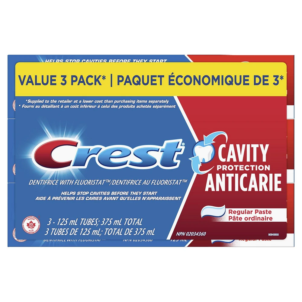 Dentifrice Crest Plus Protection anticarie, dentifrice régulier, 3 x 125 mL