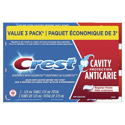 Dentifrice Crest Plus Protection anticarie, dentifrice régulier, 3 x 125 mL