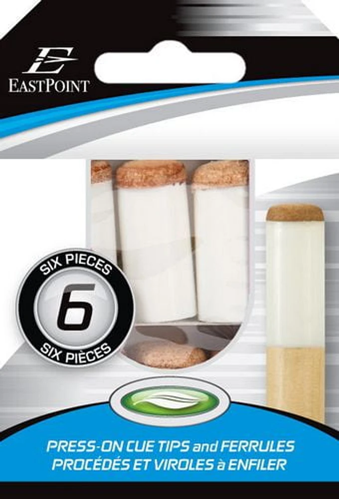 EastPoint Sports Press On Billiard Cue Tips/Ferrules, 6 ferrules with tips