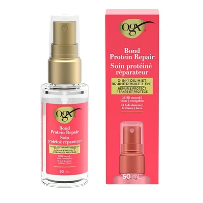 Brume d’huile 3 en 1 Soin protéiné réparateur OGX® Répare et protège, cette huile à avantages multiples répare et protège les cheveux secs et abîmés contre les frisottis, et renforce et maintient leur éclat 50 mL