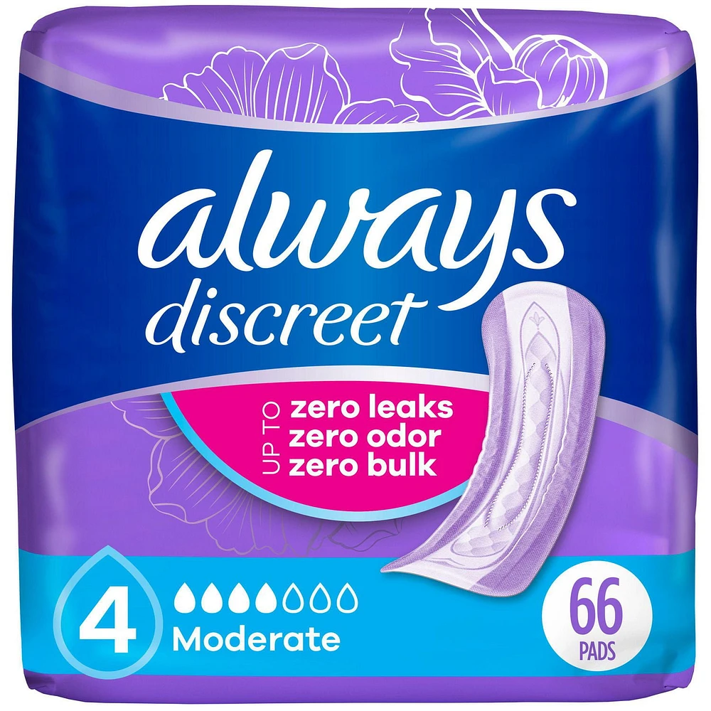 Serviettes d’incontinence et de post-partum Always Discreet, régulières, degré d’absorption modéré, pour femmes, 66serviettes 66CT