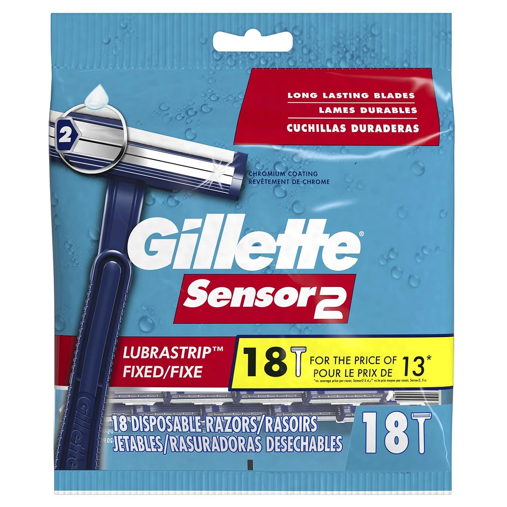 Gillette Sensor2 Fixed Head Men's Disposable Razors, 18 Count