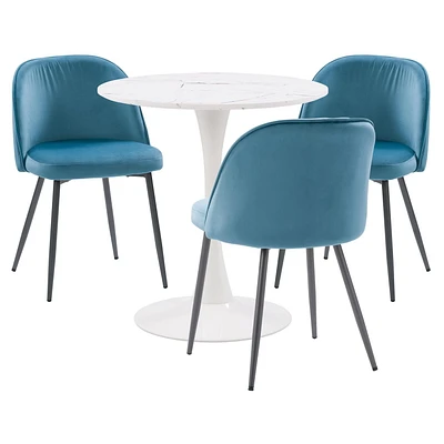 Ensemble de table à manger ronde moderne en marbre blanc CorLiving Ivo 4 pièces avec chaises rembourrées en velours pour 3 personnes - Table à manger et chaises compactes 4 pièces - Ensemble table et chaises pour appartements