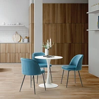 Ensemble de table à manger ronde moderne en marbre blanc CorLiving Ivo 4 pièces avec chaises rembourrées en velours pour 3 personnes - Table à manger et chaises compactes 4 pièces - Ensemble table et chaises pour appartements