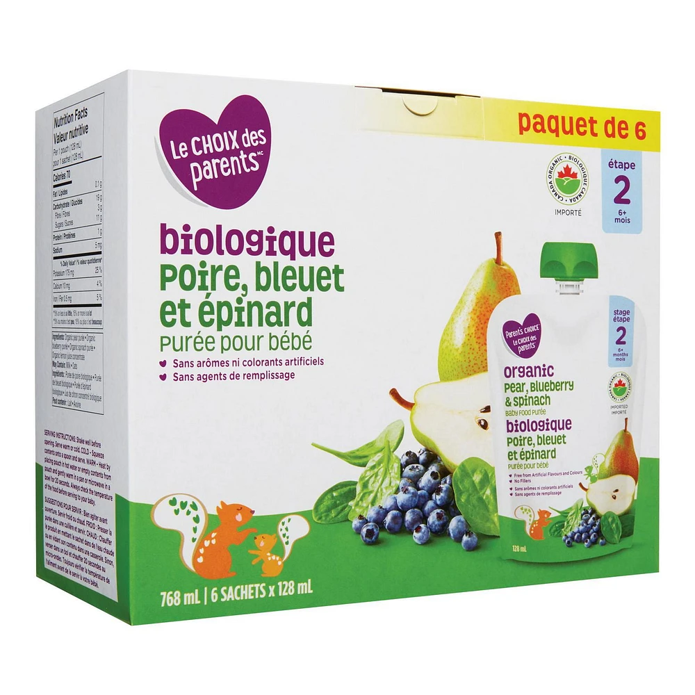 Parent’s Choice Organic Pear, Blueberry & Spinach Baby Food Purée, 768 mL (6 x 128 mL POUCHES)