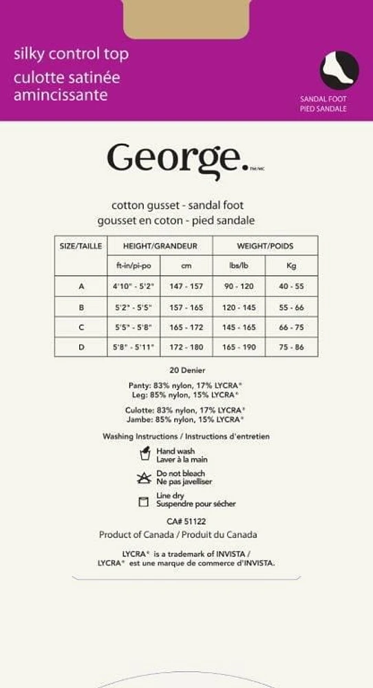 Bas-culotte avec culotte satinée amincissante et pied sandale George pour femmes Tailles B-D