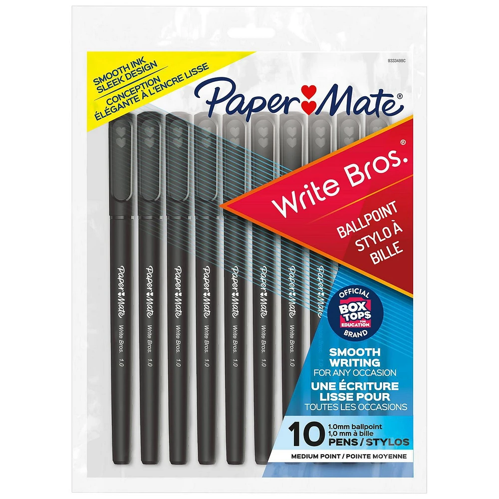 Stylos-bille Paper Mate Write Bros., stylos à encre noire, pointe moyenne (1,0 mm) 10 unités