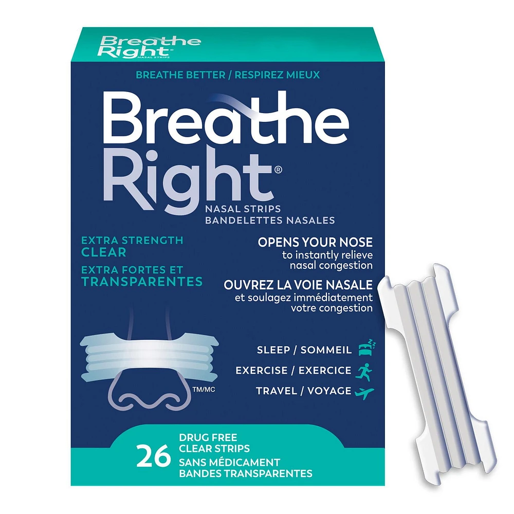 Breathe Right Nasal Strips Clear, Extra Strong | Instantly relieves nasal congestion | Drug Free, 26 Clear Strips