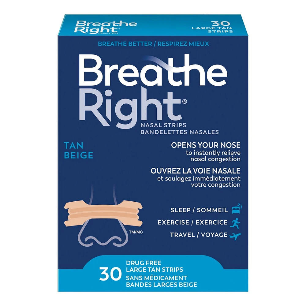 Breathe Right Nasal Strips, Large Tan | Instantly relieves nasal congestion | Drug Free, 30 Large Tan Strips