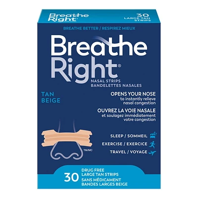 Breathe Right Nasal Strips, Large Tan | Instantly relieves nasal congestion | Drug Free, 30 Large Tan Strips