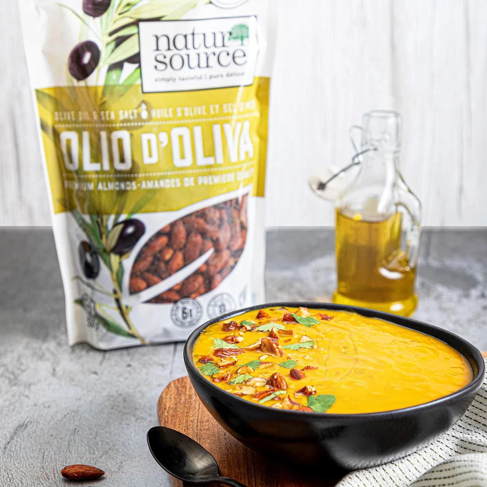 Natursource Olio d'Oliva Premium Almonds 150g, ·Premium almonds from California tossed with olive oil & sea salt<br>·Artisanally dry roasted (never fried)<br>·Clean label – only 3 ingredients!<br>·6g of plant-based protein per 28g serving<br>·3g of fibre per 28g serving<br>·KETO certified by the Paleo Foundation<br>·GMO Free