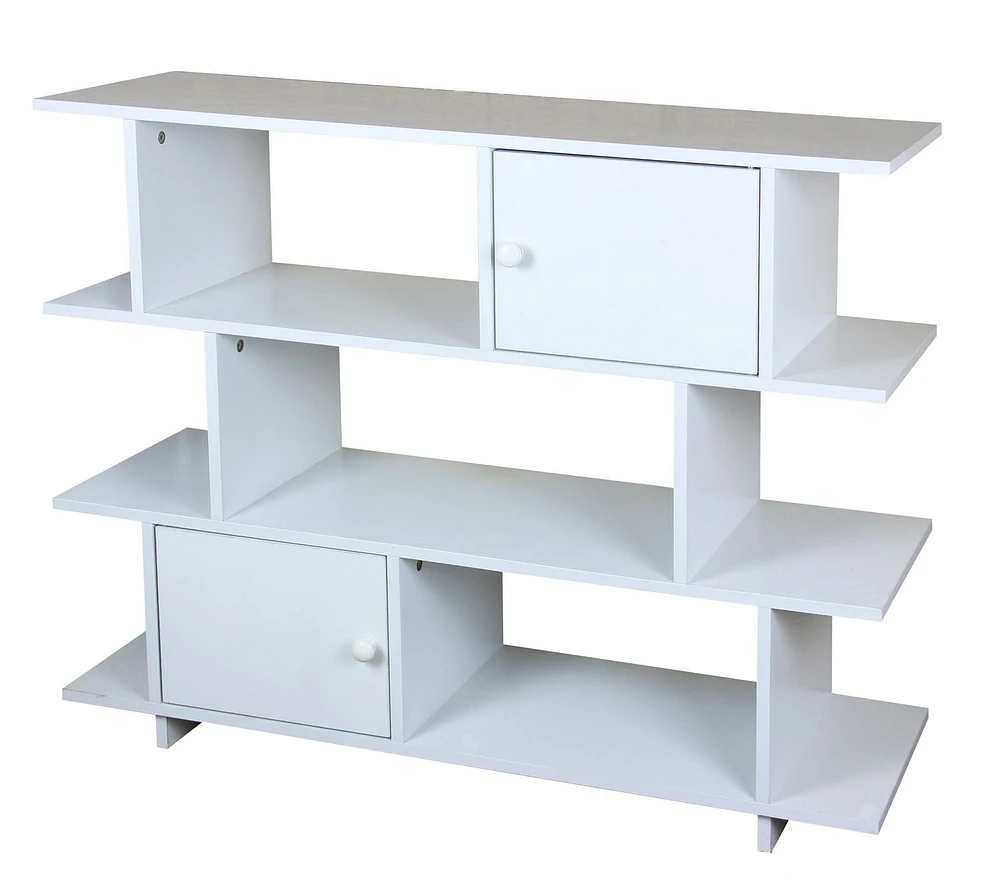 3 Tier Wood Book Shelf with 2 Cabinet Doors, White