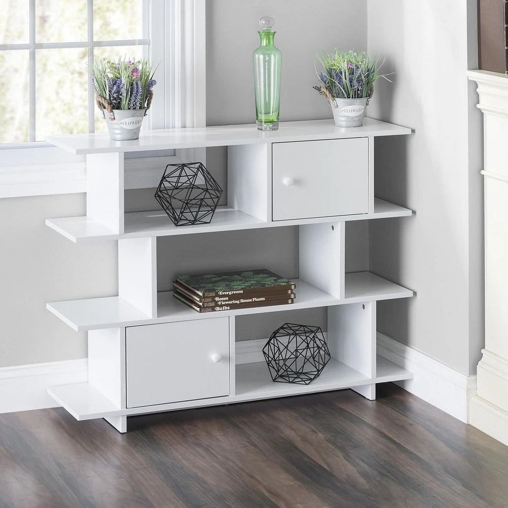 3 Tier Wood Book Shelf with 2 Cabinet Doors, White