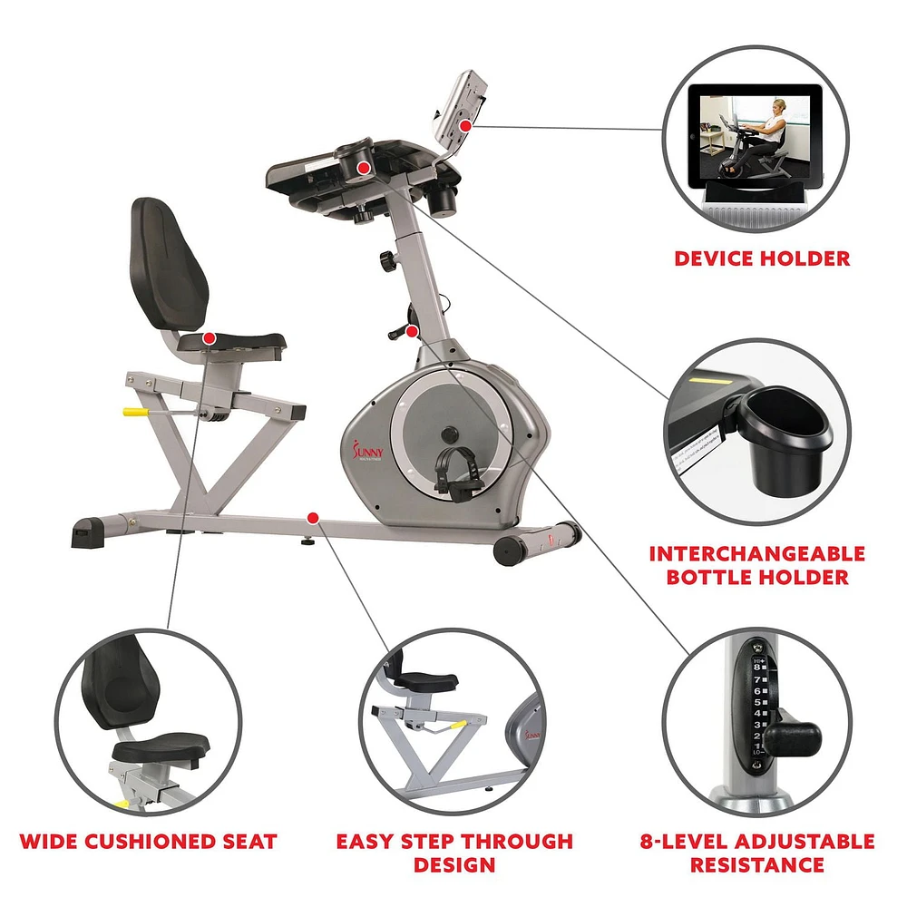 Sunny Health & Fitness Magnetic Recumbent Desk Exercise Bike, 350lb High Weight Capacity, Monitor - SF-RBD4703