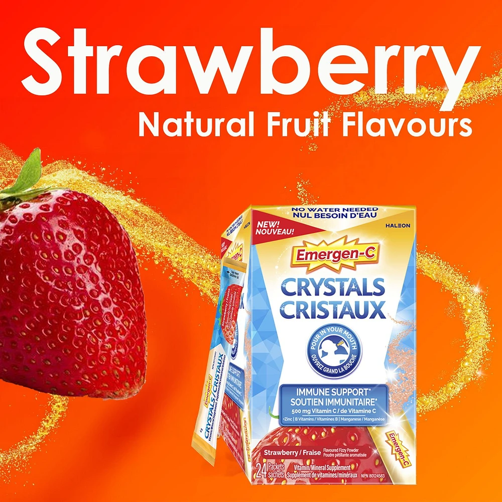 Emergen-C Crystals On-The-Go Immune Support Supplement with Vitamin C, Zinc , B Vitamins & Manganese, Strawberry Flavour, 24 Packets, Strawberry Flavour, 24 Packets