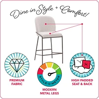 CorLiving Blakeley Modern Upholstered Counter Height Bar Stool with Metal Legs – Sold Individually - Comfortable Kitchen Bar Stools, Bar Counter Stools, and Counter Height Chairs