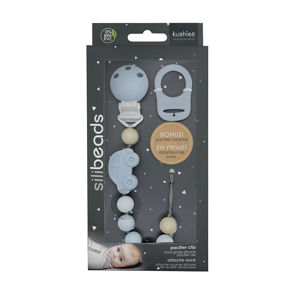 Kushies Silicone Pacifier Clip with Adapter Soothing Binky Clips - BPA-Free, Eco-Friendly Non-Toxic Silicone - Blue Car