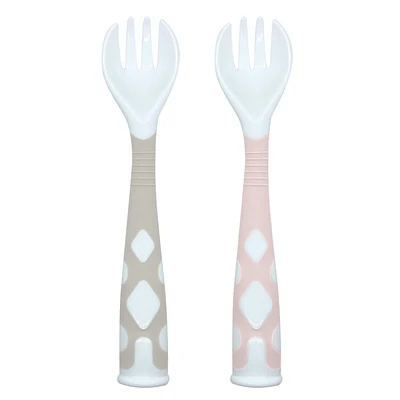 Kushies Silicone Silibend Bendable forks 2 pack, Bpa Free, 100% Food Grade Soft Silicone - Pink/Sand