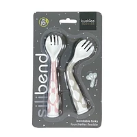 Kushies Silicone Silibend Bendable forks 2 pack, Bpa Free, 100% Food Grade Soft Silicone - Pink/Sand