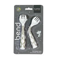 Kushies Silicone Silibend Bendable forks 2 pack, Bpa Free, 100% Food Grade Soft Silicone - Emerald/Sand