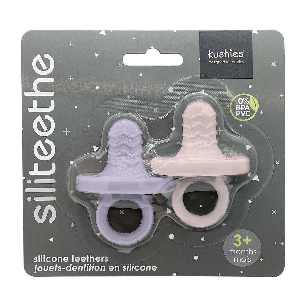 Kushies Siliteethe - Baby Teething Toy, 2 Pack BPA-Free, Eco-Friendly Non-Toxic Silicone, Pink/Lilac