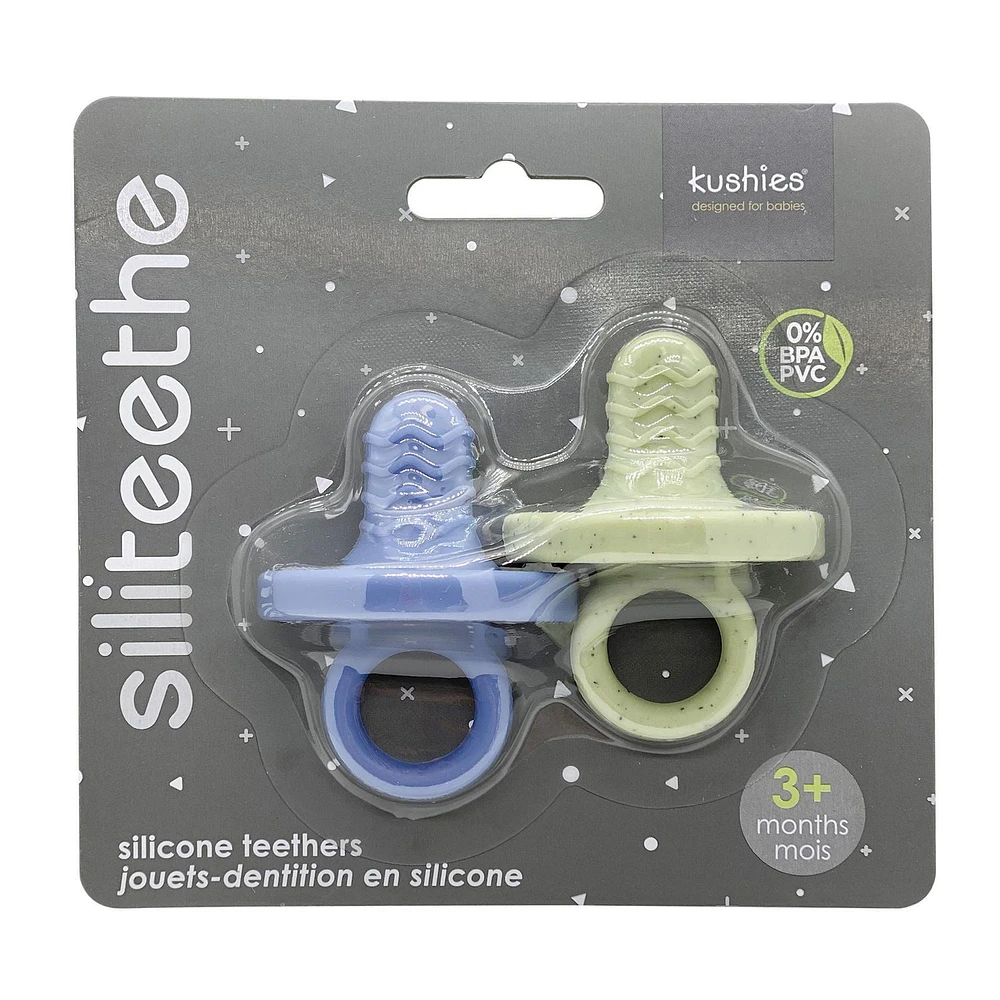 Kushies Siliteethe - Baby Teething Toy, 2 Pack BPA-Free, Eco-Friendly Non-Toxic Silicone, Mineral Blue/Emerald