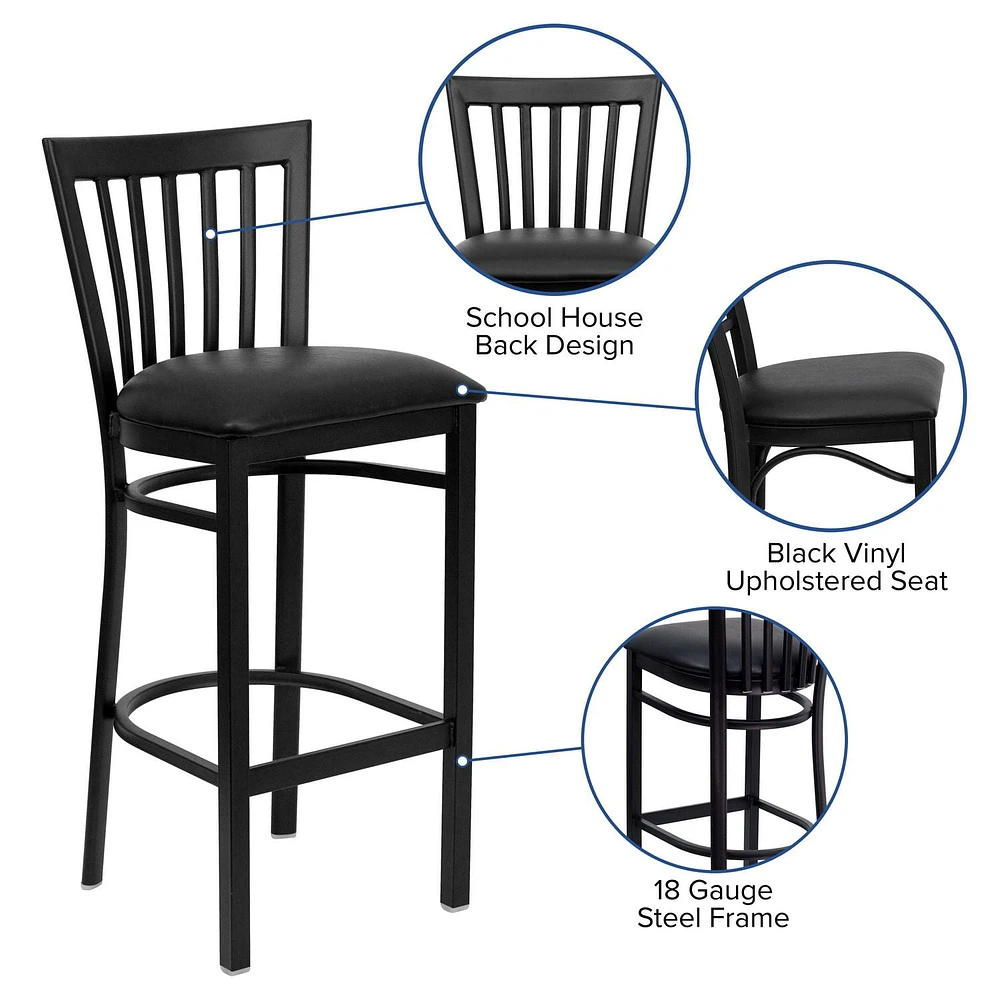 HERCULES Series Black School House Back Metal Restaurant Barstool - Black Vinyl Seat