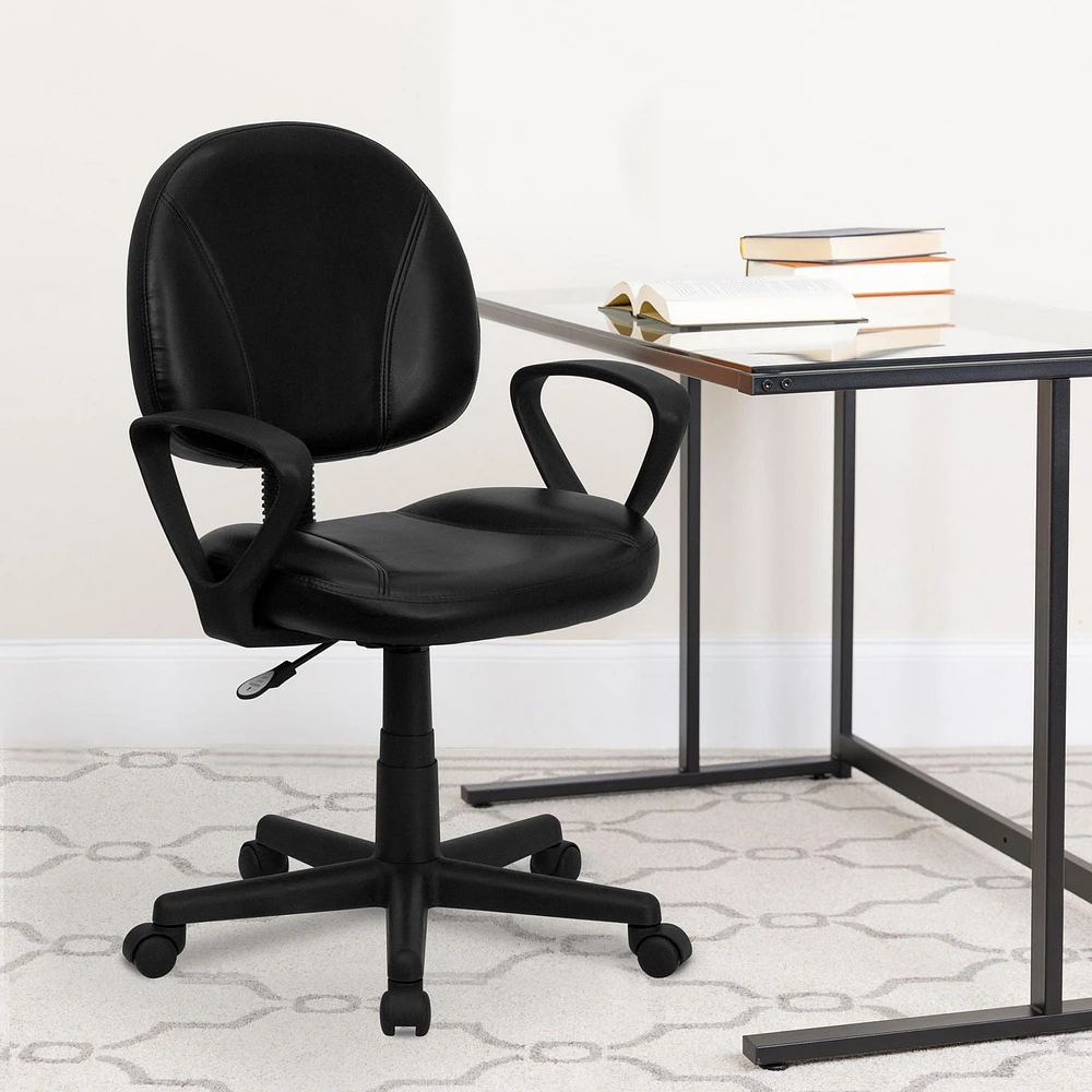 Mid-Back Black Leather Ergonomic Swivel Task Chair with Arms