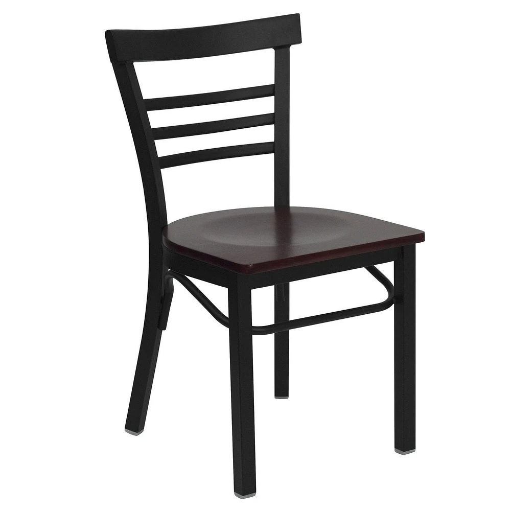 HERCULES Series Black Three-Slat Ladder Back Metal Restaurant Chair - Mahogany Wood Seat