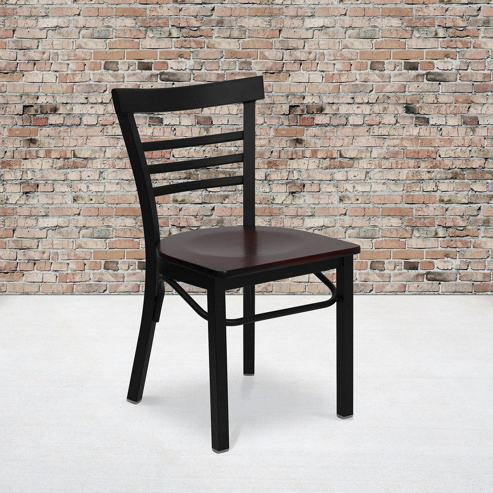 HERCULES Series Black Three-Slat Ladder Back Metal Restaurant Chair - Mahogany Wood Seat