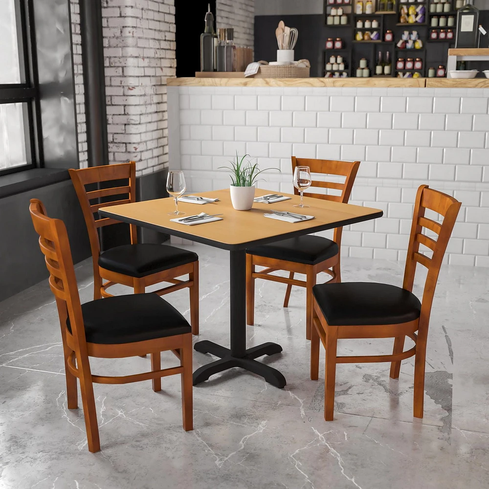 HERCULES Series Ladder Back Cherry Wood Restaurant Chair - Black Vinyl Seat