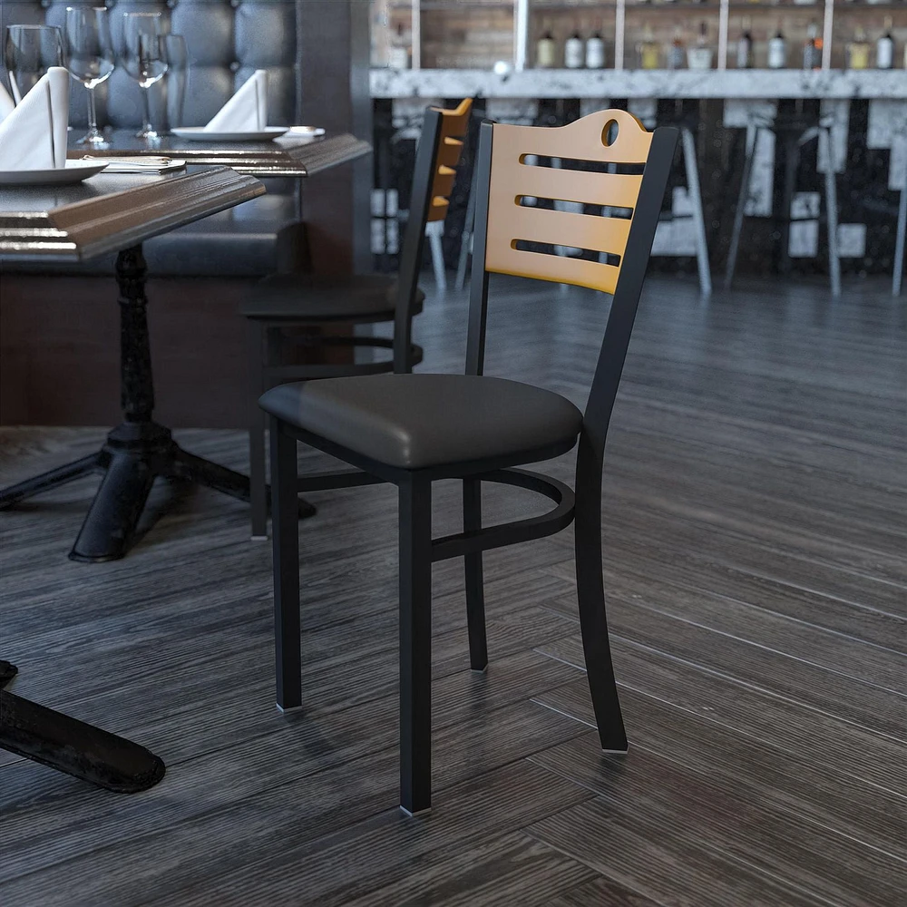 HERCULES Series Black Slat Back Metal Restaurant Chair - Natural Wood Back, Black Vinyl Seat