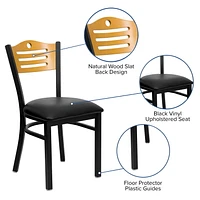 HERCULES Series Black Slat Back Metal Restaurant Chair - Natural Wood Back, Black Vinyl Seat