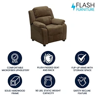 Deluxe Padded Contemporary Microfiber Kids Recliner with Storage Arms