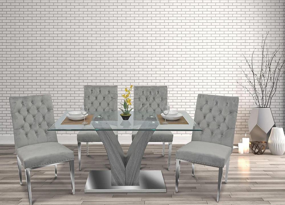 K-Living Kelly 5 Pcs Dining Set with Tempered Glass Top Dining Table and Velvet Upholstered Dining Chairs in Grey