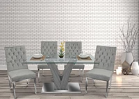 K-Living Kelly 5 Pcs Dining Set with Tempered Glass Top Dining Table and Velvet Upholstered Dining Chairs in Grey