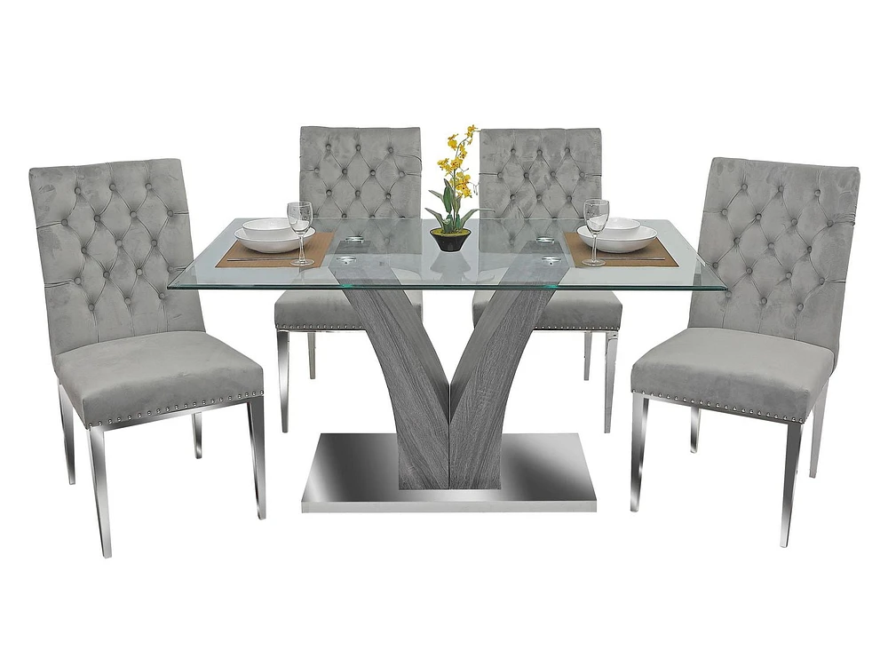 K-Living Kelly 5 Pcs Dining Set with Tempered Glass Top Dining Table and Velvet Upholstered Dining Chairs in Grey