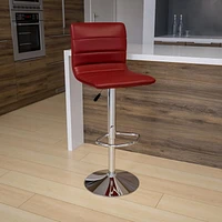 Contemporary Burgundy Vinyl Adjustable Height Barstool with Horizontal Stitch Back and Chrome Base