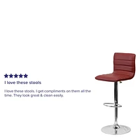 Contemporary Burgundy Vinyl Adjustable Height Barstool with Horizontal Stitch Back and Chrome Base