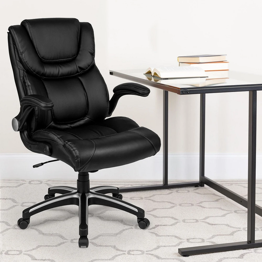 High Back Black Leather Executive Swivel Chair with Double Layered Headrest and Open Arms