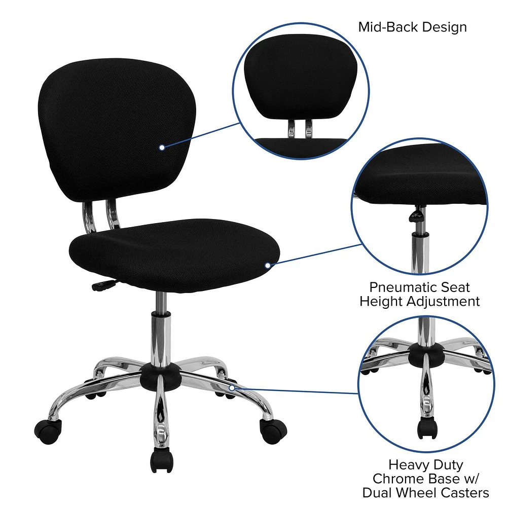 Mid-Back Black Mesh Padded Swivel Task Chair with Chrome Base