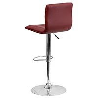 Contemporary Burgundy Vinyl Adjustable Height Barstool with Horizontal Stitch Back and Chrome Base